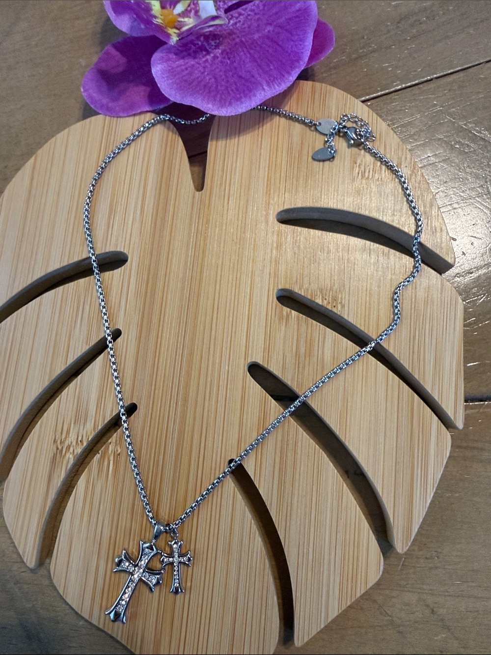 Silver Cross Pendant Necklace - Double Cross Charm